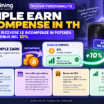 Infografica GoMining sulla nuova funzione Simple Earn: le ricompense possono essere ricevute in potenza di mining TH con bonus del 10%, in alternativa ai Bitcoin.