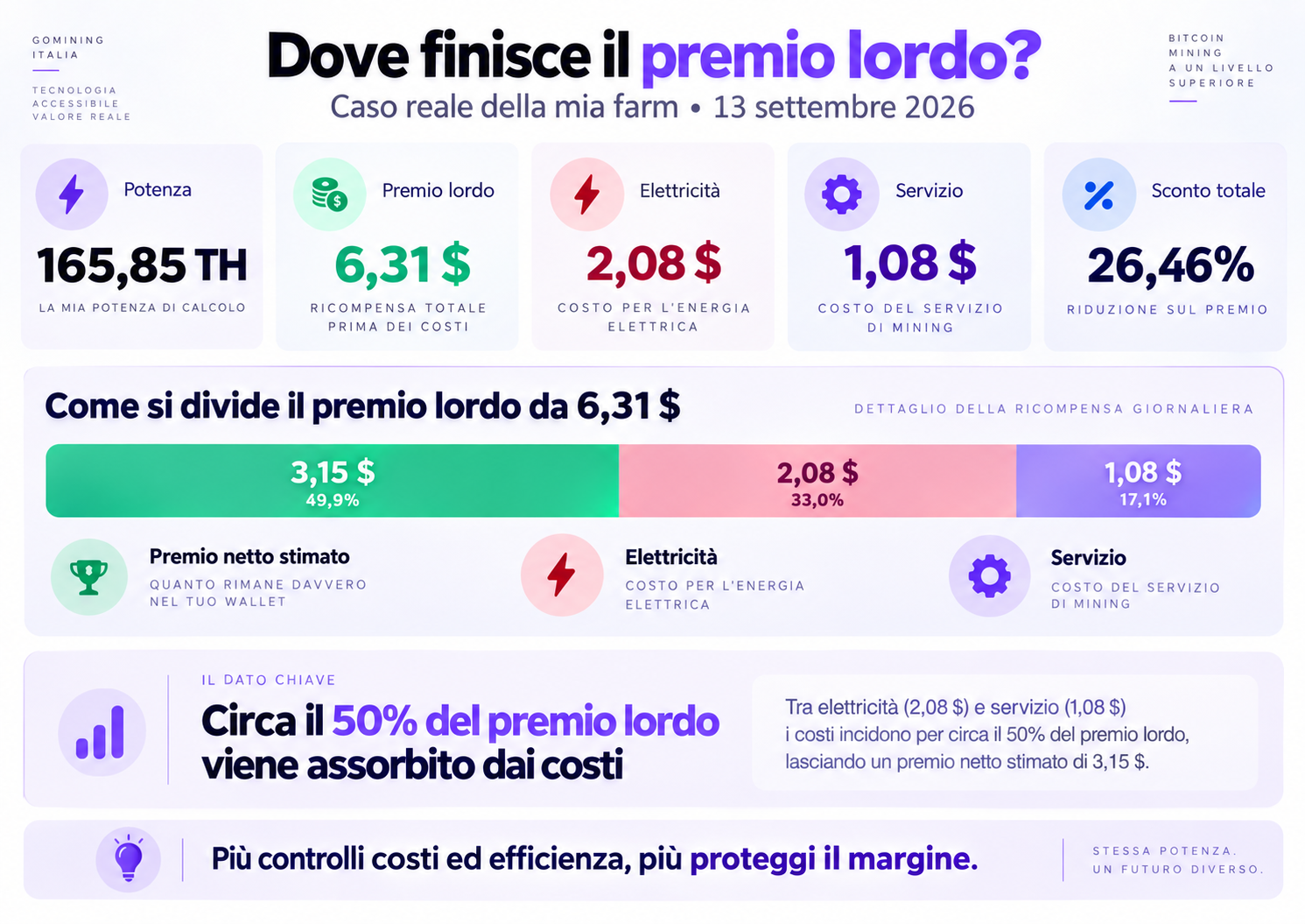 Caso reale GoMining: premio lordo di 6,31 dollari, costi di elettricità e servizio e premio netto
